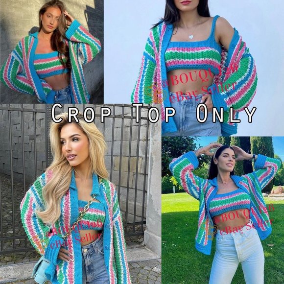 NEW Zara Crochet Knit Striped Y2K Cropped Top Blue Pink Green White Small S - Picture 7 of 7